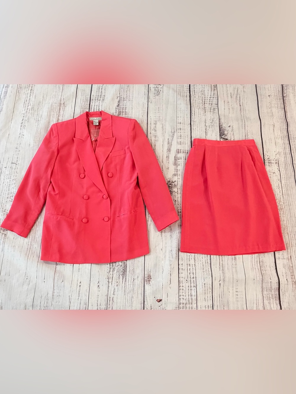 Vintage 100% Silk Pink Skirt Suit Set Stephanie Andrews Size 6P double breasted